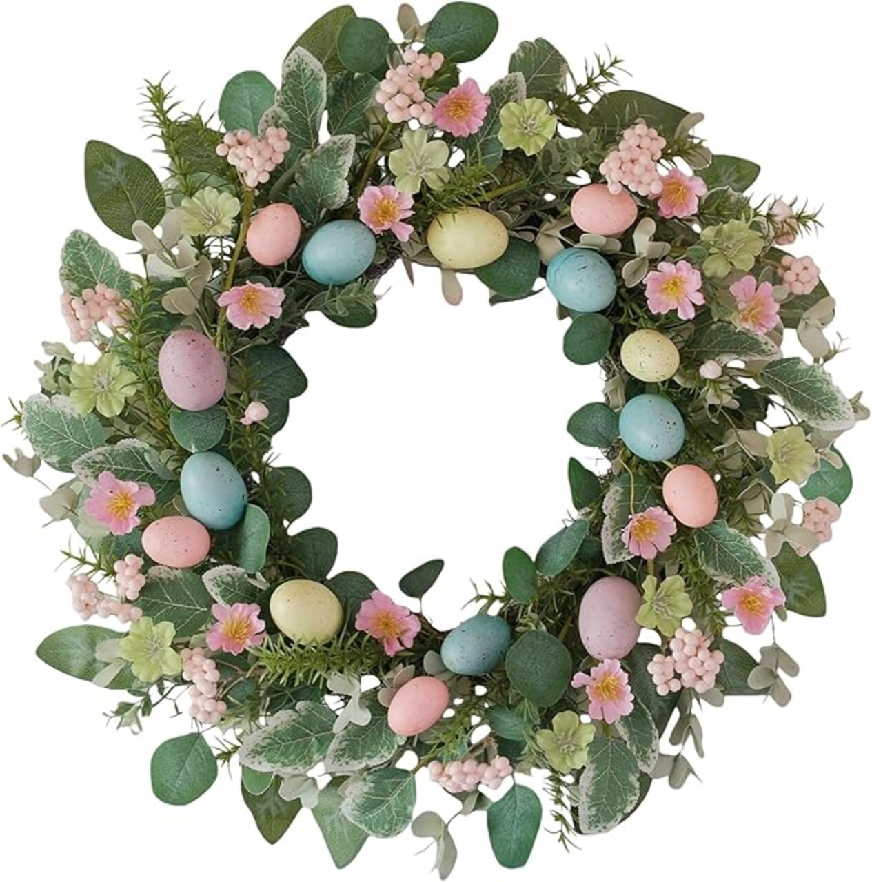 24 Inch Easter Wreath for Front Door - Spring Summer Decor with Pink Berries, Eucalyptus Leaves, Faux Eggs & Fabric Flowers, Indoor Outdoor Wall Window Wedding Home Decor